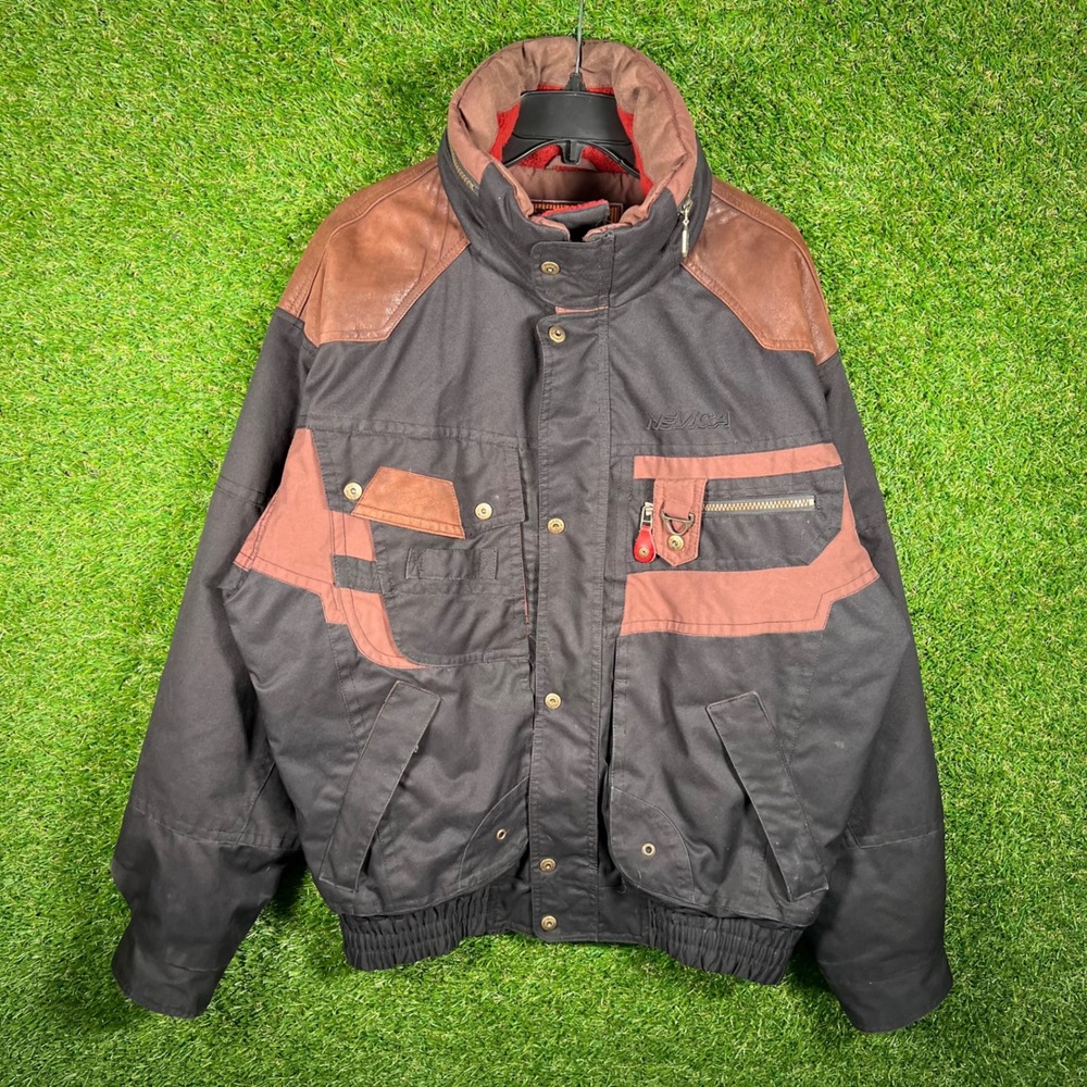 Vintage Nevica Chinook‎ Ski Jacket Mens 40 Black Brown Leather Trim 90s Bomber